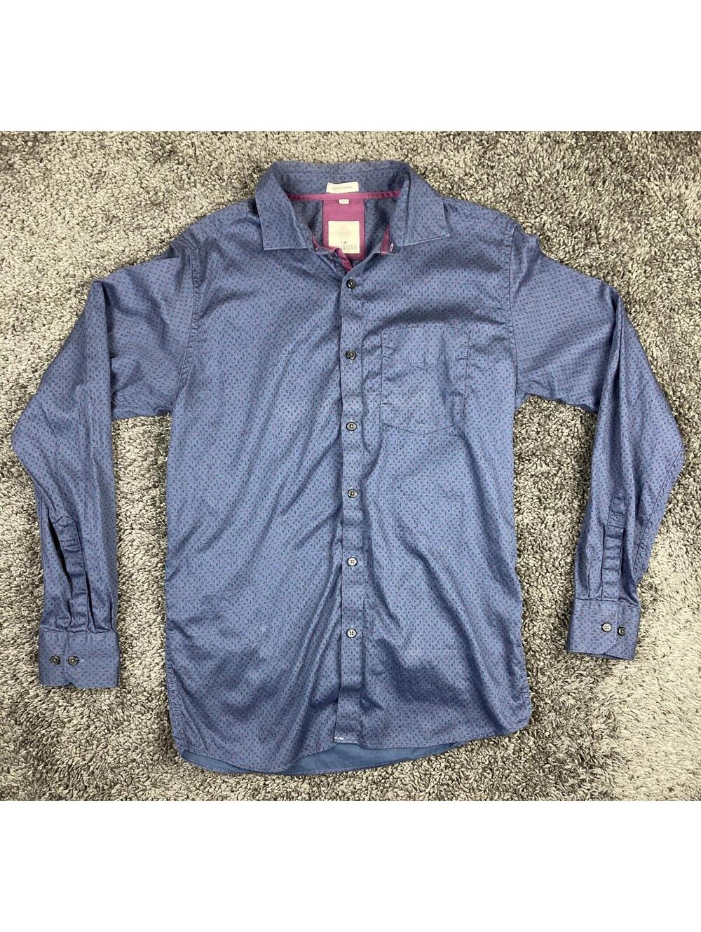 Vogartino Men's Button Up Shirt Blue Purple Floral Micro Print 100% Cotton Sz L